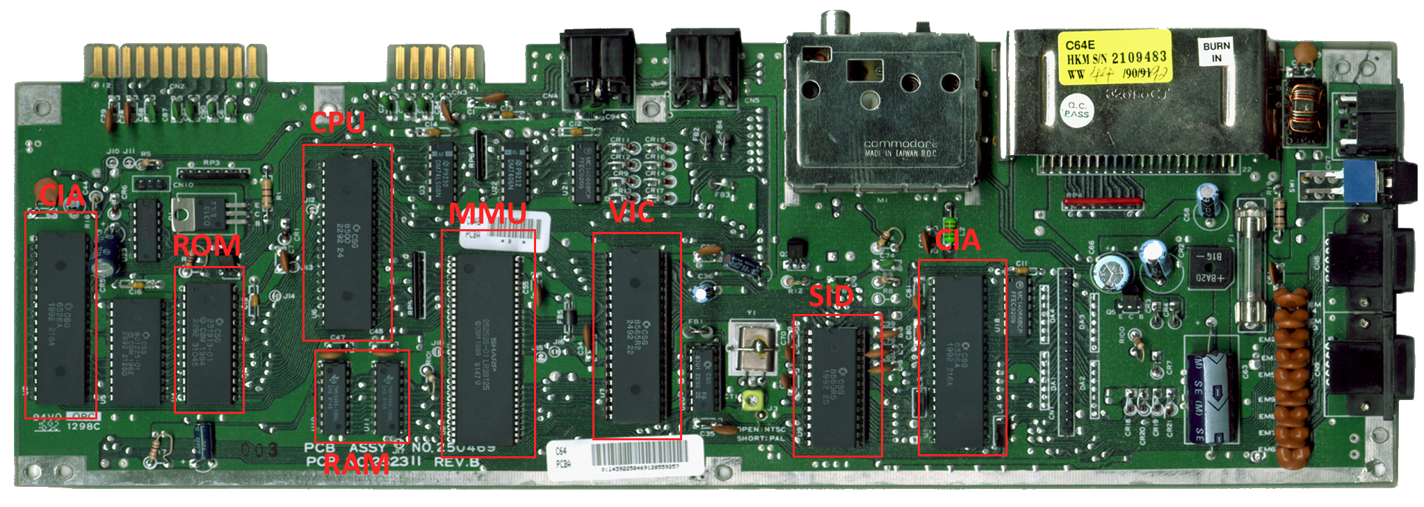 Annotated C64C Motherboard showing chip locations